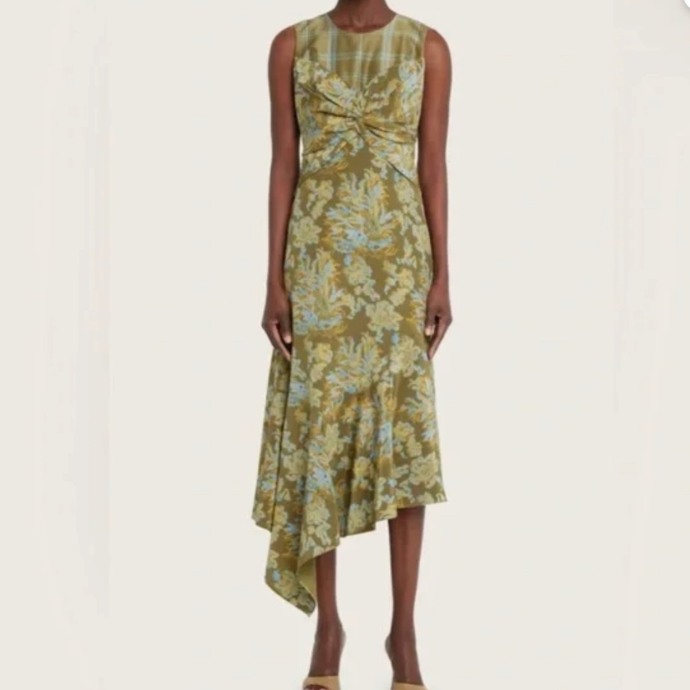 Lafayette148 New York Patchwork Asymmetric Midi Dress, Chive Green, Size 12 - Picture 8 of 16